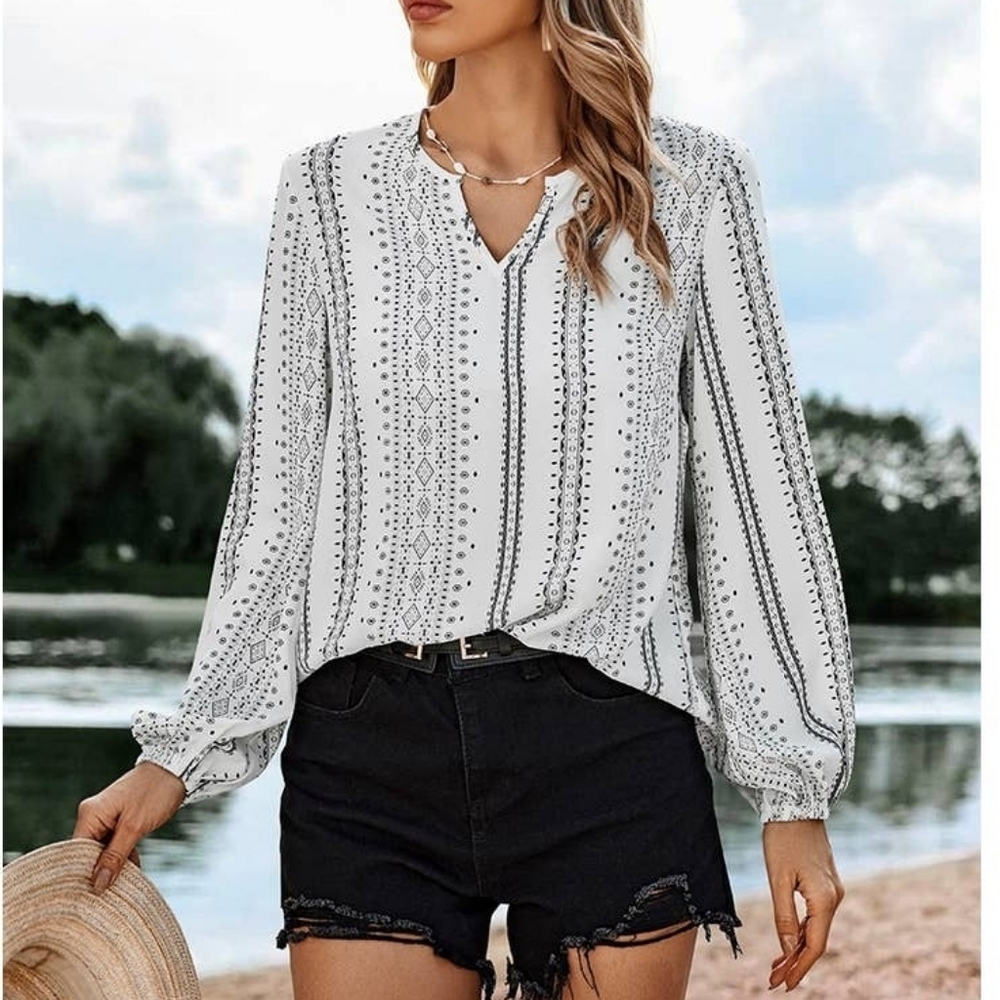 Block Print V Neck Ruffle Blouse